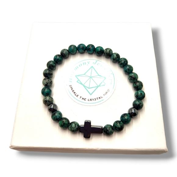 6 mm Jasper , Hematite Cross charm bracelet - Picture 2 of 4